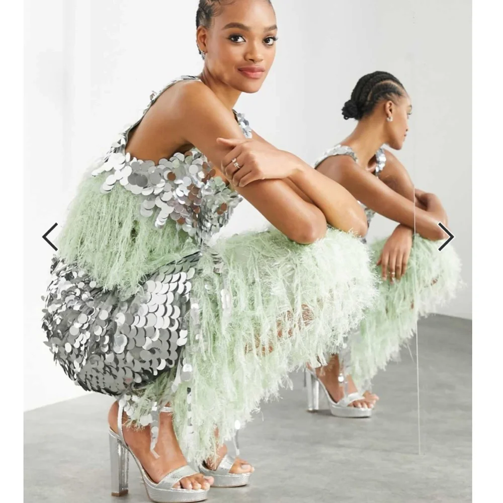 ASOS EDITION paillette sequin mermaid Skirt silver green 6 - Picture 2 of 8
